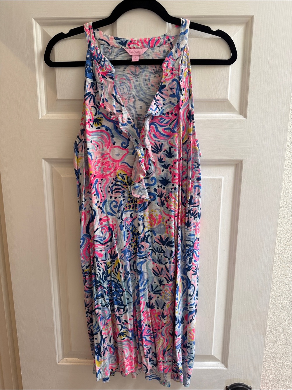 Lilly Pulitzer Pink Blue Yellow Floral Ruffle Tank Dress